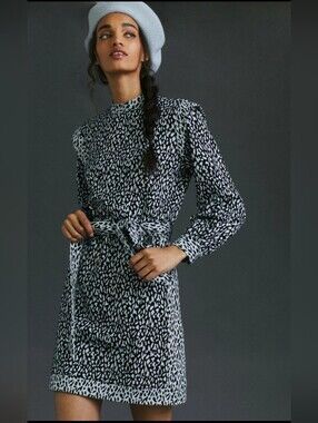 Hutch Anthropologie Spotted Mini Dress L Black White Mock Neck Puff Sleeve Belt
